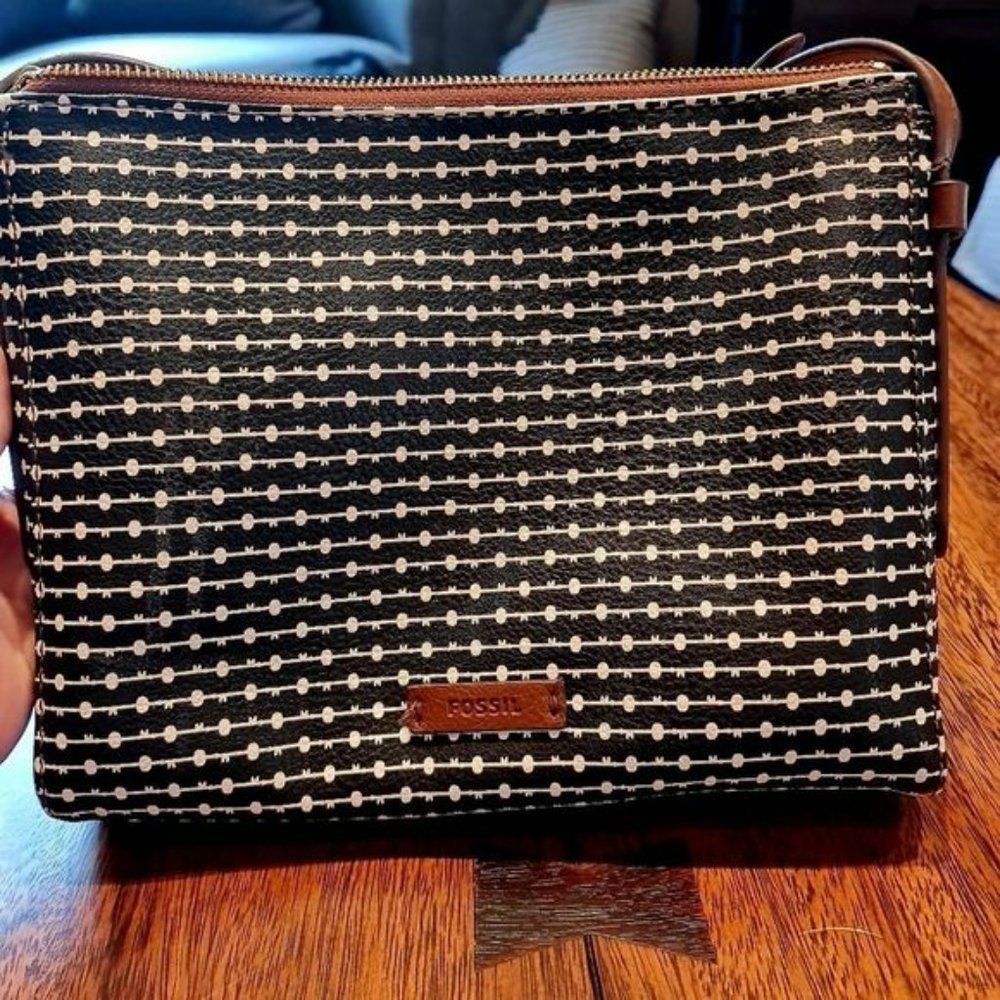 Fossil Fiona Crossbody Black, White, Brown Key Design Authentic Bag